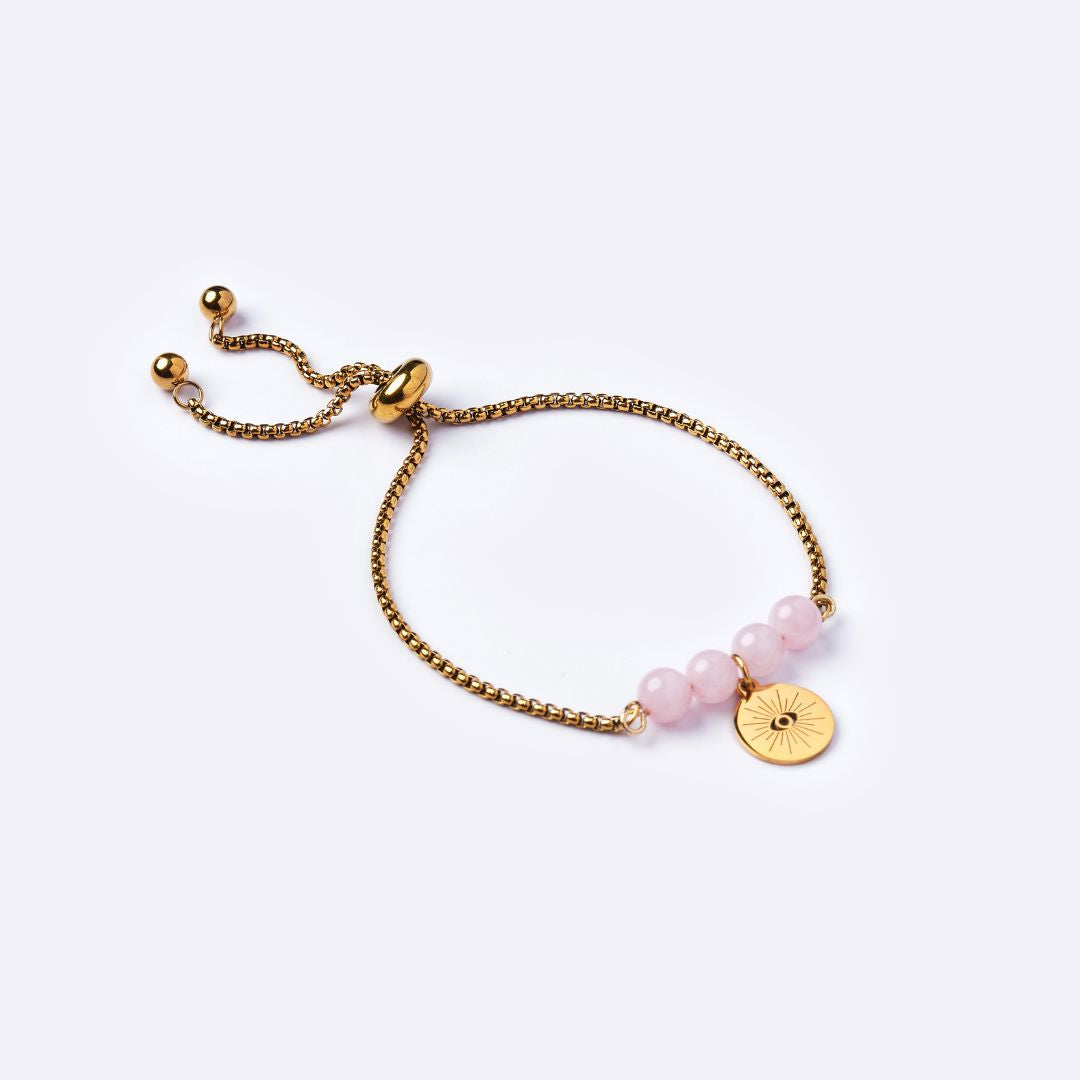 Serenity Stainless Steel Bracelet – Rose Quartz with Evil Eye Stainless Steel Charm