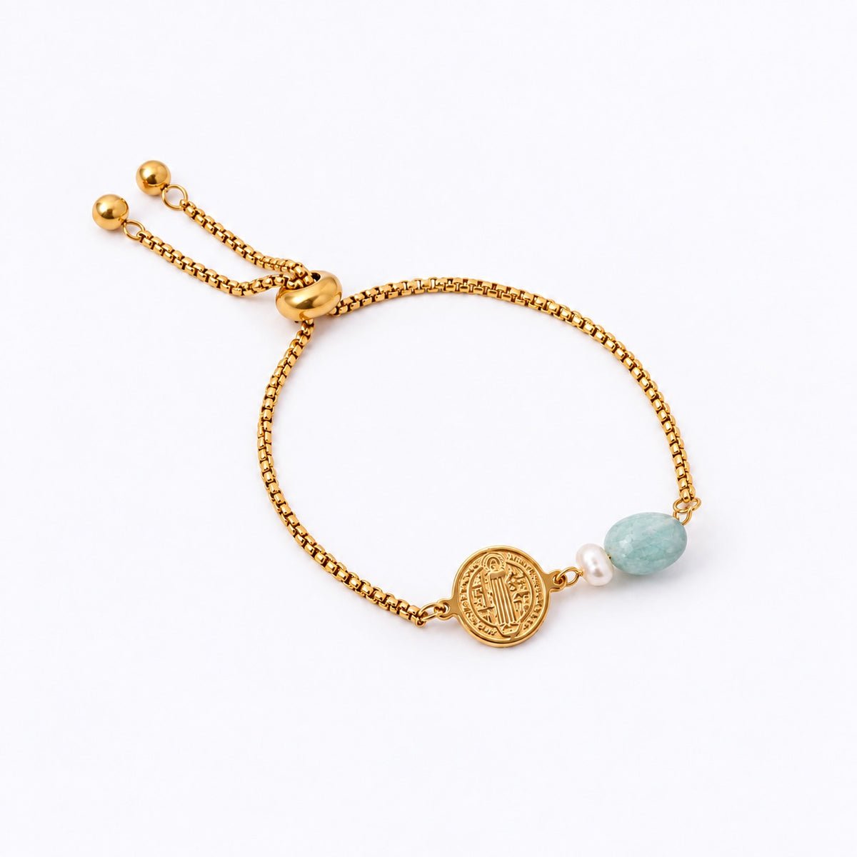 Have Faith St Benedict Stainless Steel Bracelet with Amazonite & Freshwater Pearl