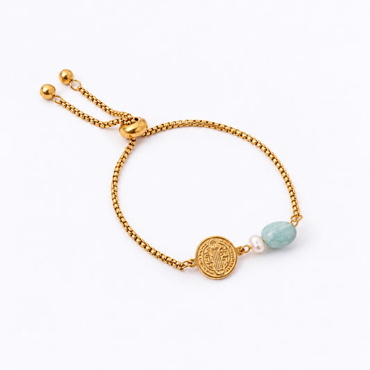 Have Faith St Benedict Stainless Steel Bracelet with Amazonite & Freshwater Pearl
