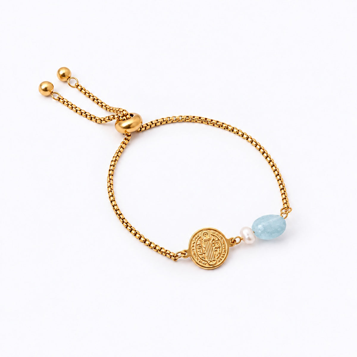 Have Faith St Benedict Stainless Steel Bracelet with Aquamarine & Freshwater Pearl