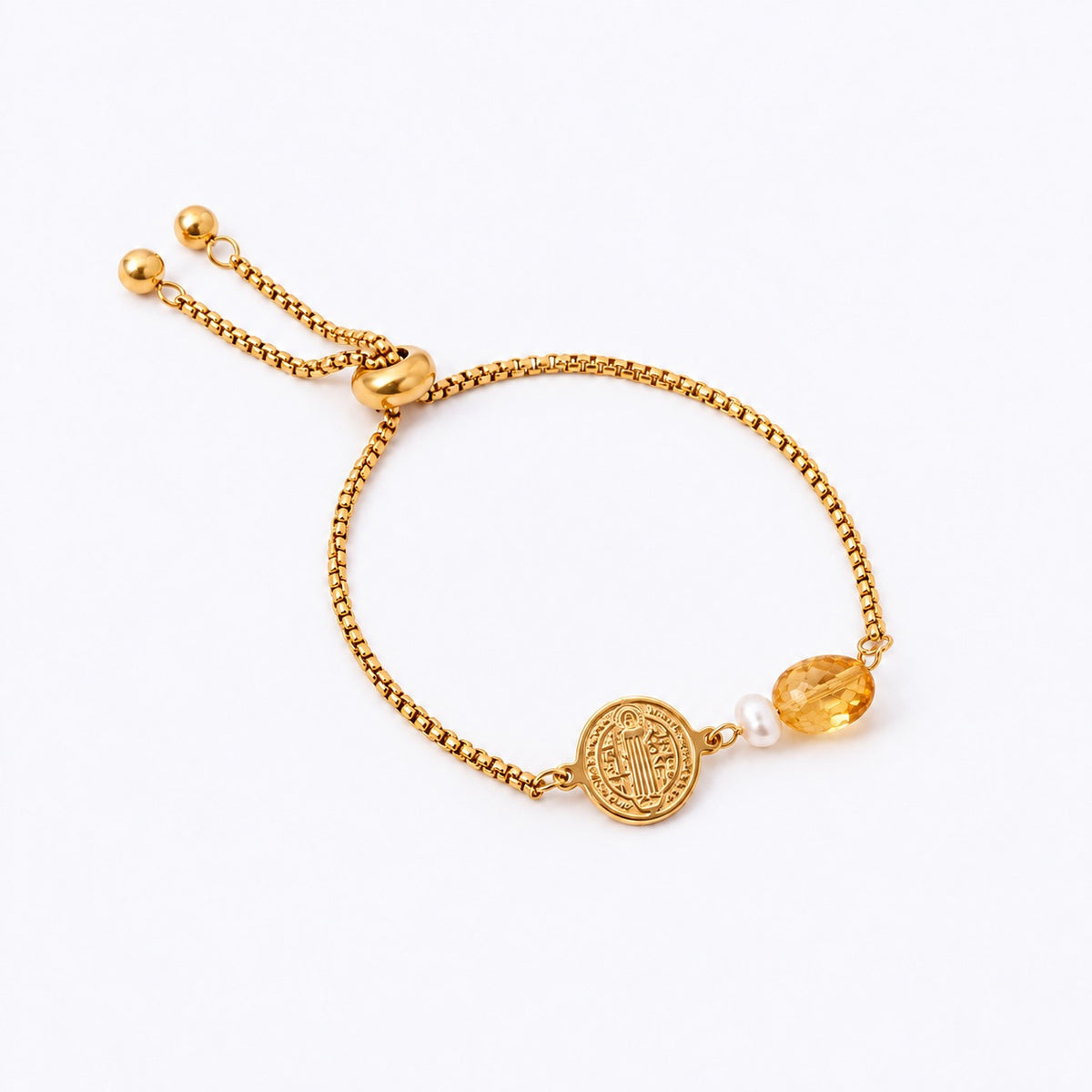 Have Faith St Benedict Stainless Steel Bracelet with Citrine & Freshwater Pearl