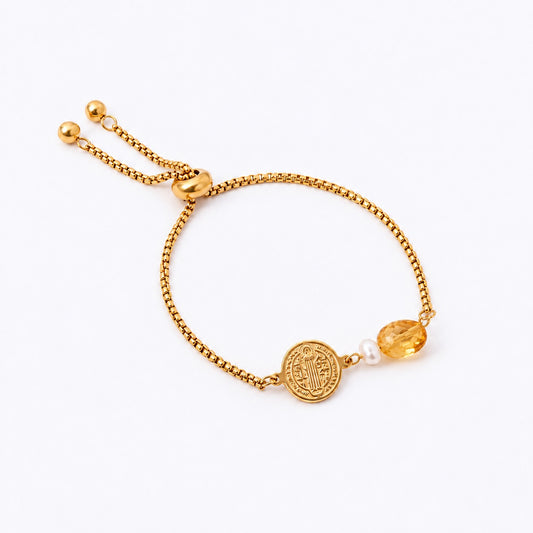Have Faith St Benedict Stainless Steel Bracelet with Citrine & Freshwater Pearl