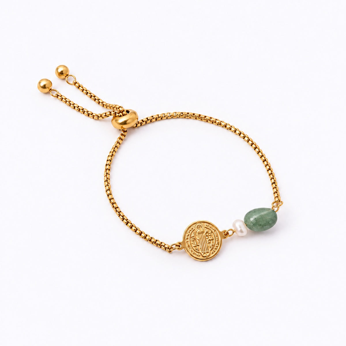 Have Faith St Benedict Stainless Steel Bracelet with Green Aventurine & Freshwater Pearl