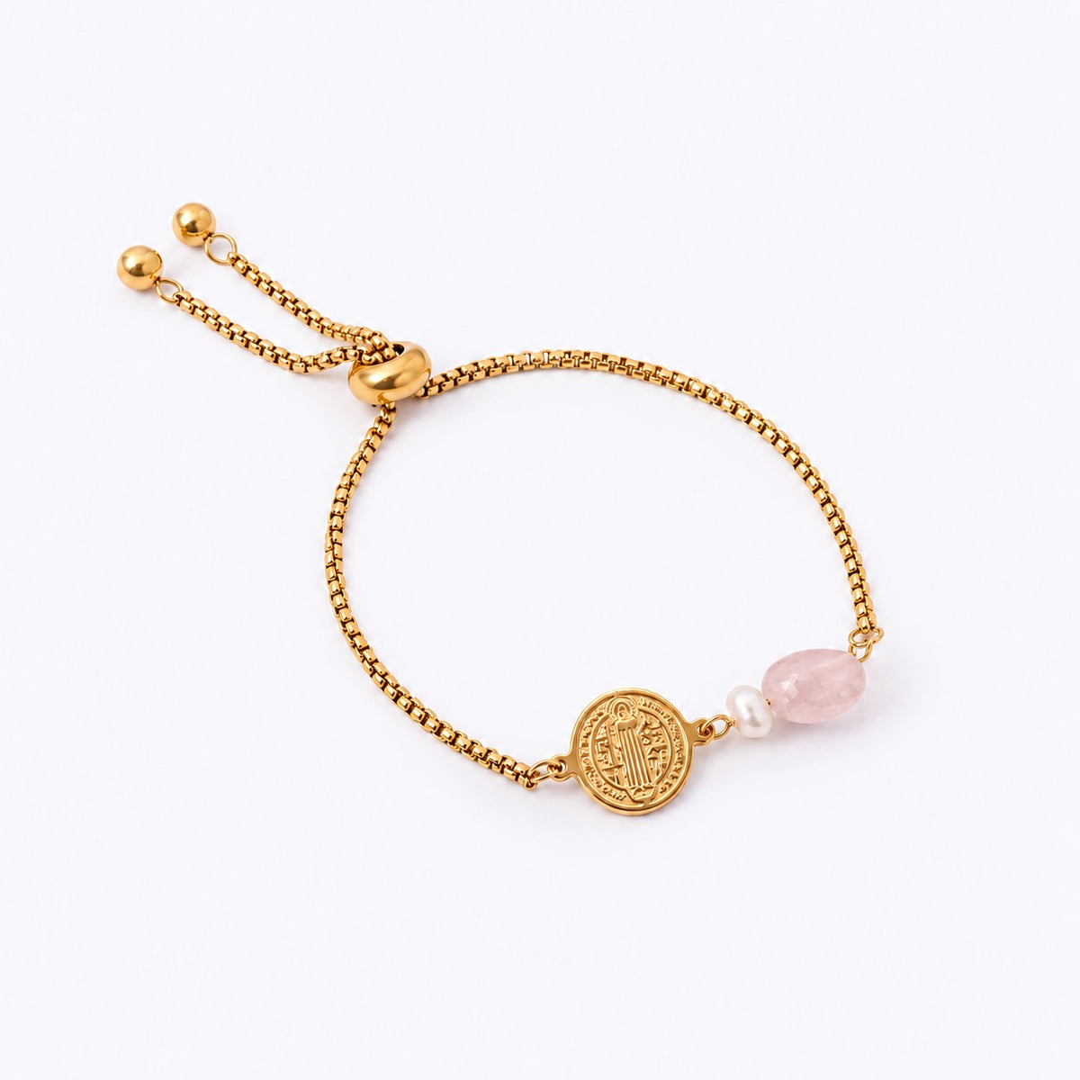 Have Faith St Benedict Stainless Steel Bracelet with Rose Quartz & Freshwater Pearl