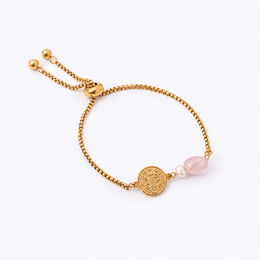 Have Faith St Benedict Stainless Steel Bracelet with Rose Quartz & Freshwater Pearl