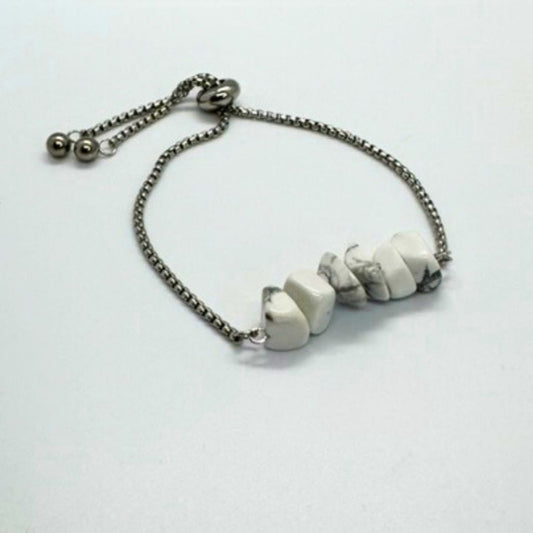 White Howlite  Irregular Shaped Stone Silver Stainless Steel Adjustable Bracelet - MyMantra