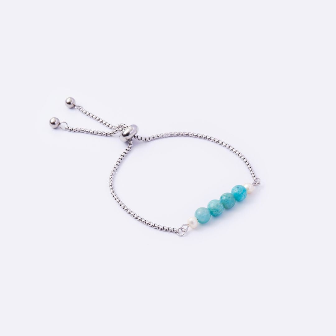 Serenity Stainless Steel Adjustable Bracelet - Amazonite Stone with Freshwater Pearl - MyMantra