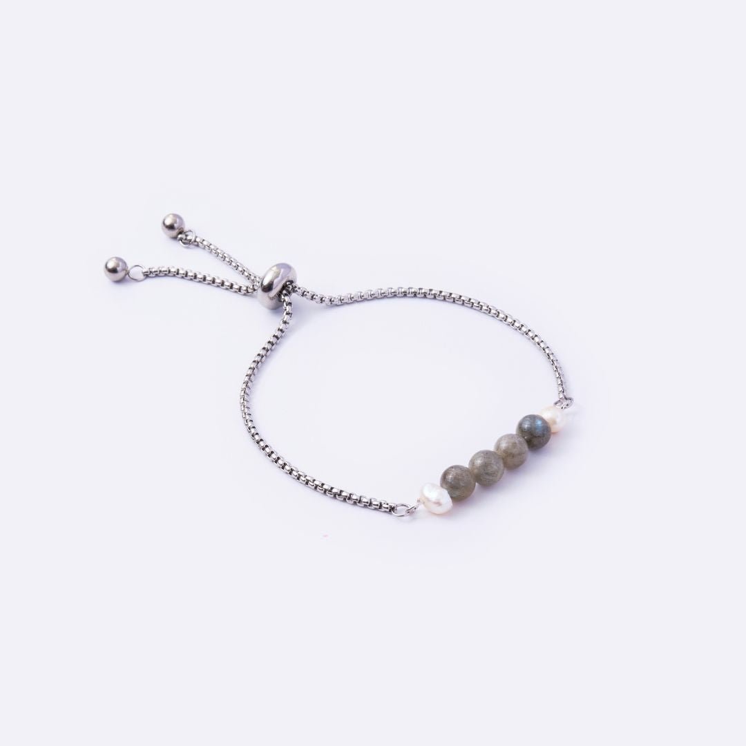 Serenity Stainless Steel Adjustable Bracelet - Labradorite with Freshwater Pearl - MyMantra