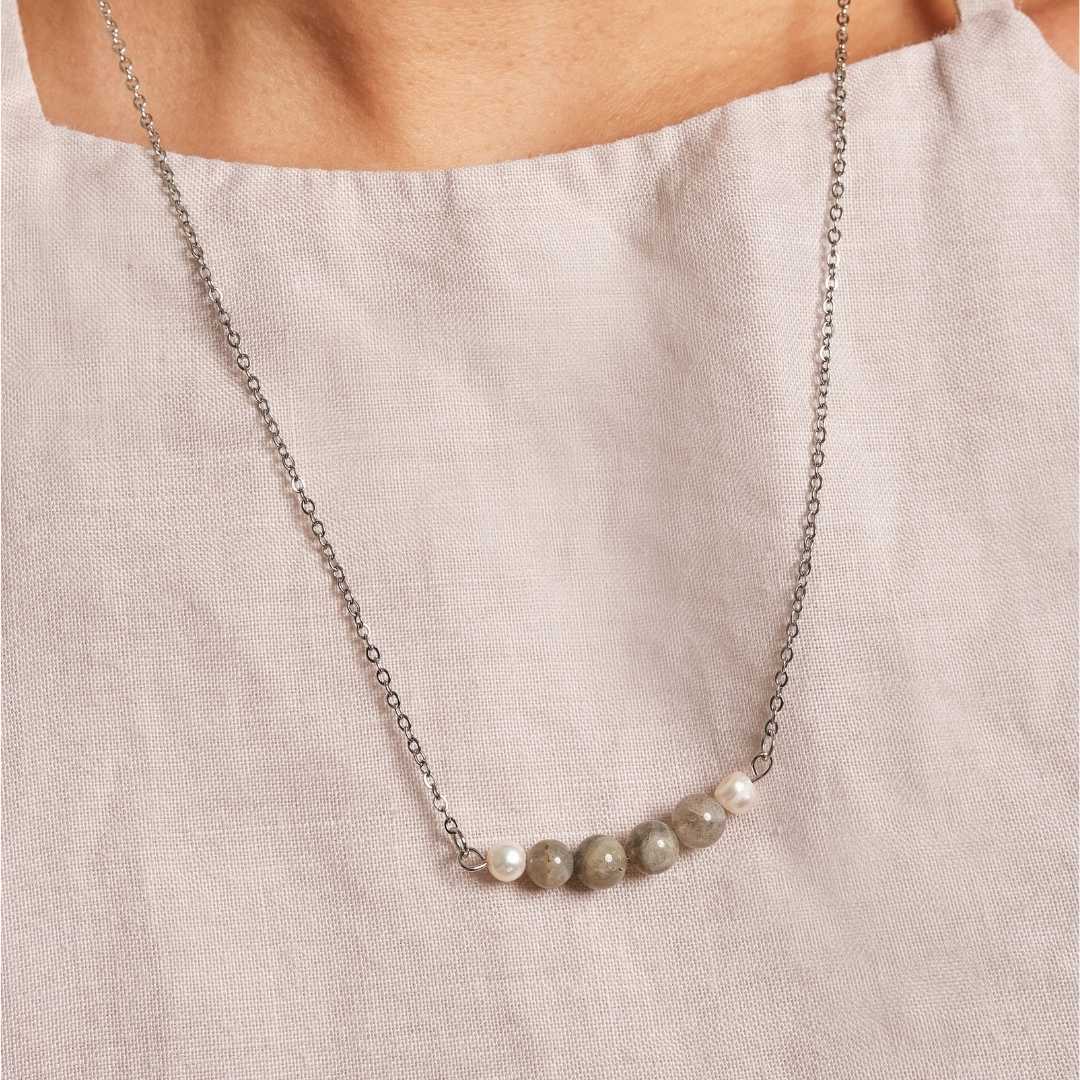 Serenity Stainless Steel Necklace - Labradorite with Freshwater Pearl - MyMantra