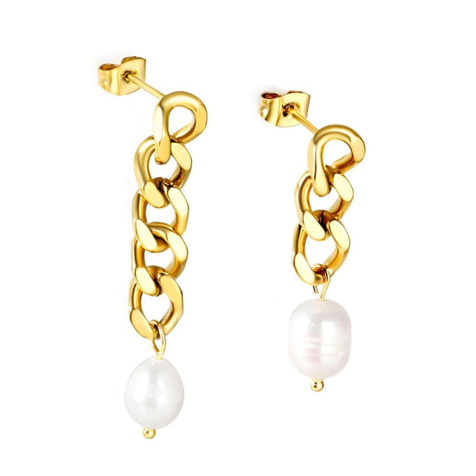 Statement Piece - Chain with Dangling Pearl Mismatched Earrings