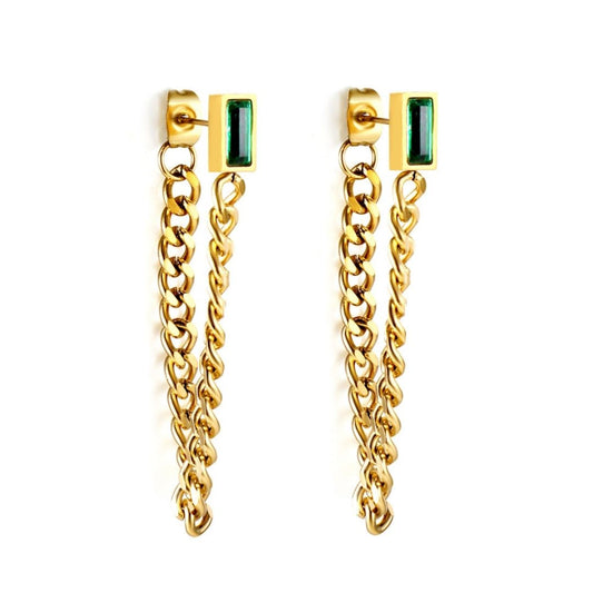 Statement Piece - Green Gem Chain Earrings