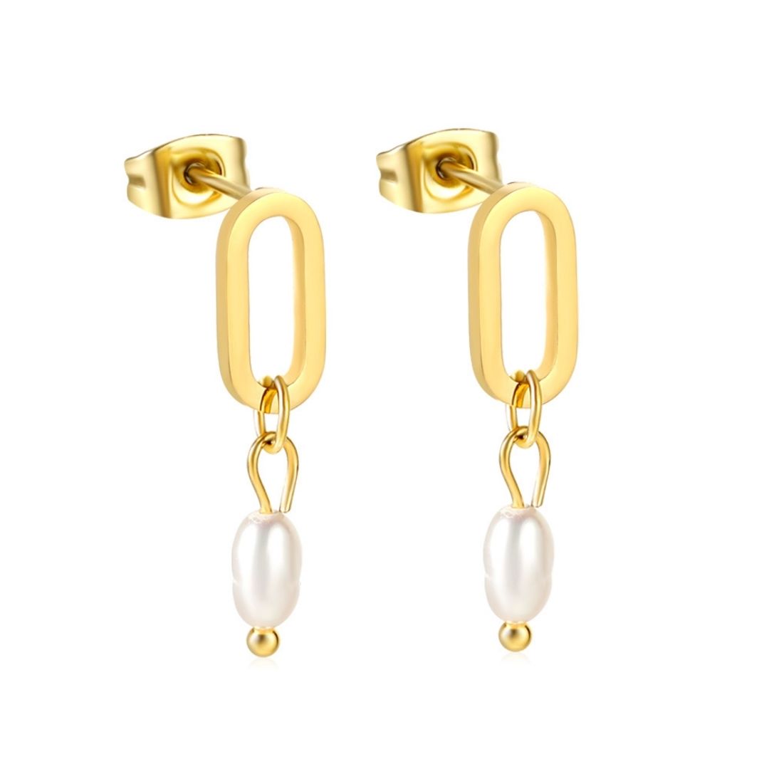 Statement Piece - Oval with Dangling Pearl Earrings