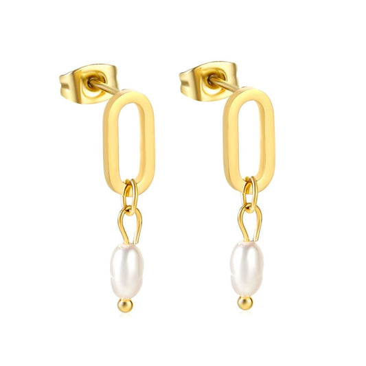 Statement Piece - Oval with Dangling Pearl Earrings