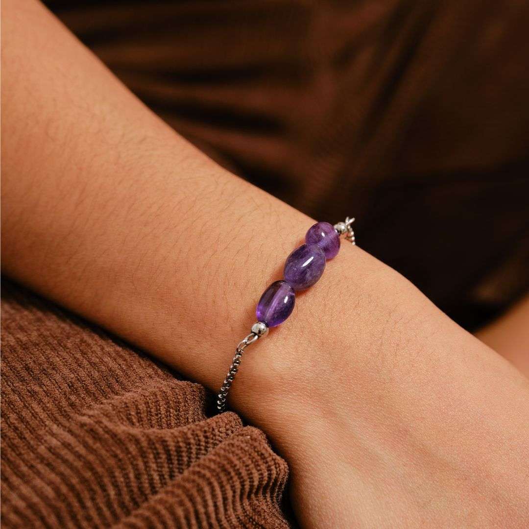 Well Rounded Stone Stainless Steel Adjustable Bracelet - Amethyst - MyMantra